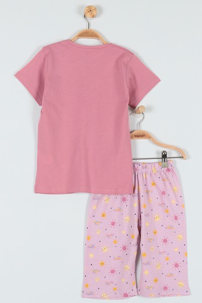 Gül Kurusu (7-9 Yaş) Happıness Sun Baskılı Kaprili KIz Çocuk Pijama Takımı 182006