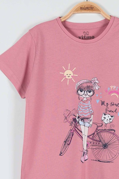 Gül Kurusu (7-9 Yaş) Happıness Sun Baskılı Kaprili KIz Çocuk Pijama Takımı 182006