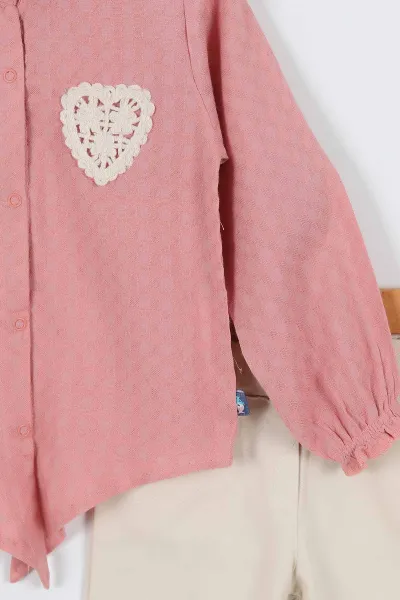 Gül Kurusu (9-24 Ay) Kalp  Nakışlı Keten Pantolonlu Kız Bebek 2'li Takım 335476
