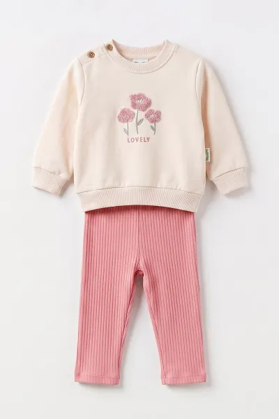 Gül Kurusu (9-24 Ay) Süzene Nakışlı Swetshirt İnterlok Alt Kız Bebek Takım 495700