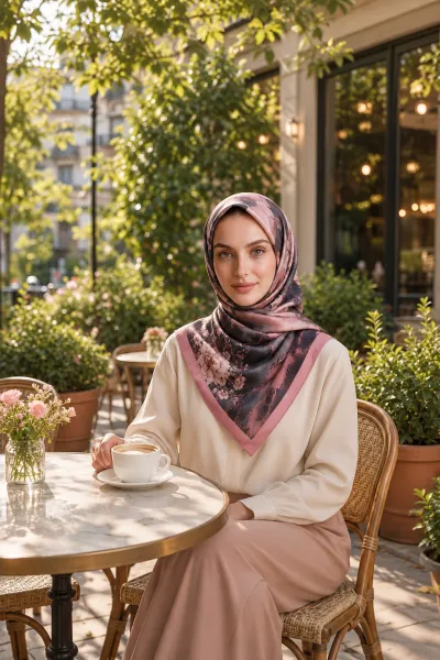 Gül Kurusu 90x90 Cm Dijital Baskılı Yıldız Desen Kutulu Twill Eşarp 500989