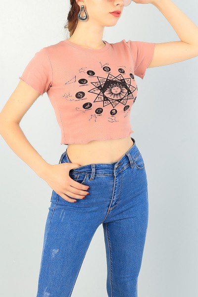 Gül Kurusu Baskılı Bayan Crop Tişört 68726