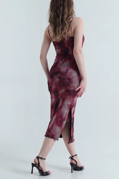 Gül Kurusu Batik Baskılı Tül Kadın Elbise 459300