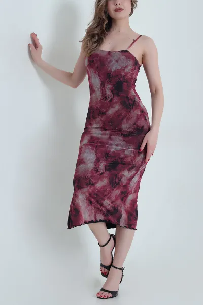 Gül Kurusu Batik Baskılı Tül Kadın Elbise 459300