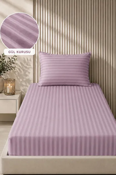Gül Kurusu Bella Home 100x200 Cm Tek Kişilik Çizgili Saten Çarşaf Seti 482997