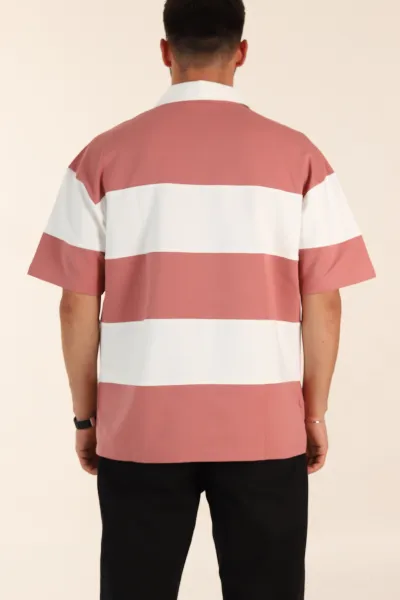 Gül Kurusu Beyaz Geniş Çizgili Oversize İki İp Polo Yaka Erkek Tişört 268913