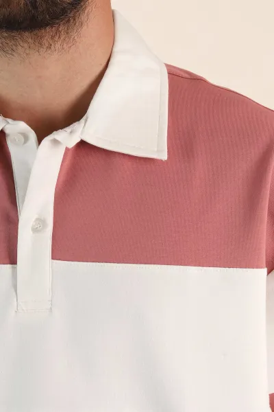 Gül Kurusu Beyaz Geniş Çizgili Oversize İki İp Polo Yaka Erkek Tişört 268913