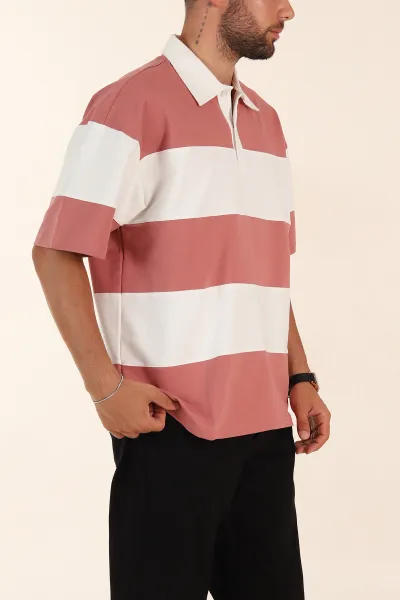 Gül Kurusu Beyaz Geniş Çizgili Oversize İki İp Polo Yaka Erkek Tişört 268913