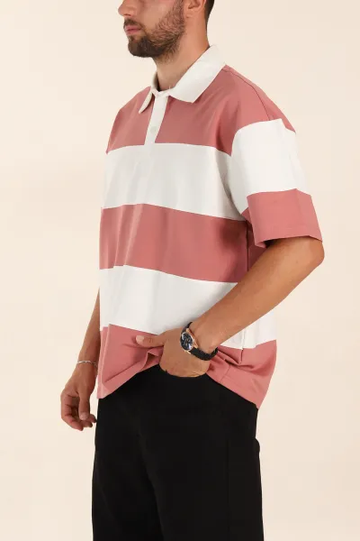 Gül Kurusu Beyaz Geniş Çizgili Oversize İki İp Polo Yaka Erkek Tişört 268913