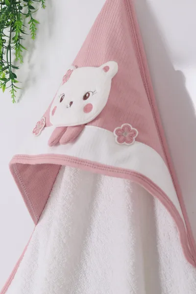 Gül Kurusu Çiçekli Kedi Nakışlı Bebe Havlu 261956