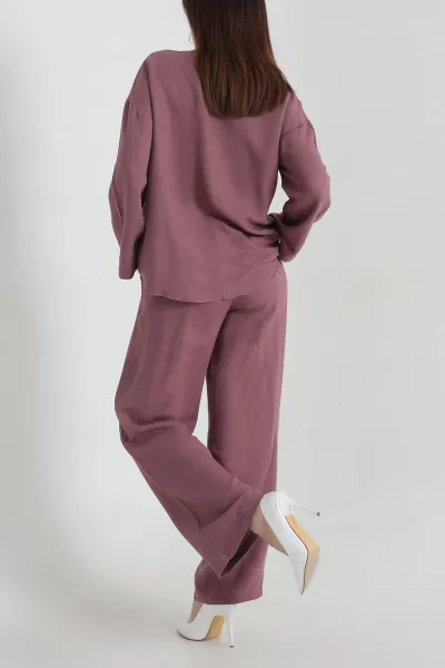 Gül Kurusu Çimalı Keten Pantolon Bluz İkili Takım 337044