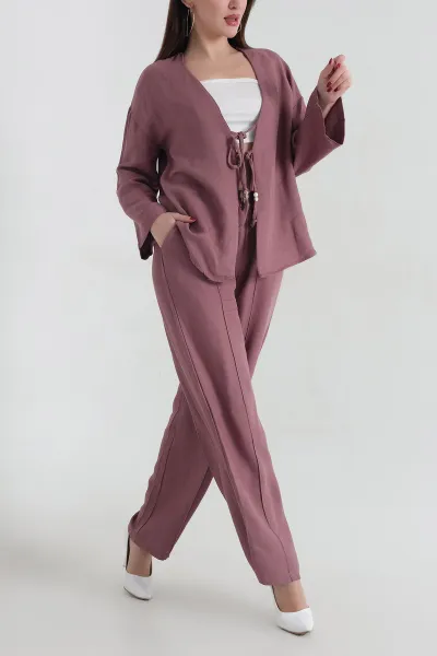 Gül Kurusu Çimalı Keten Pantolon Bluz İkili Takım 337044