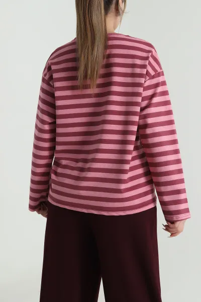 Gül Kurusu Çizgili İki İp Kadın Fermuarsız Sweat 490271