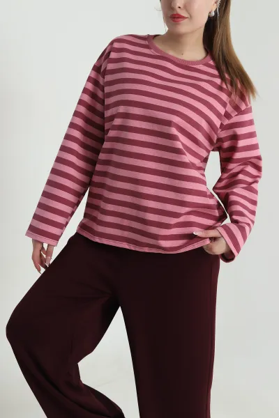 Gül Kurusu Çizgili İki İp Kadın Fermuarsız Sweat 490271