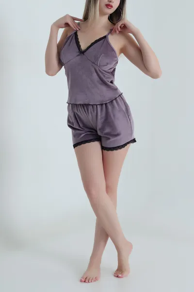 Gül Kurusu Dantelli Kadife Kadın Pijama Takımı 488216