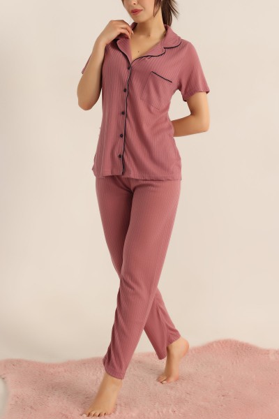 Gül Kurusu Düğmeli Bayan Pijama Takımı 181836