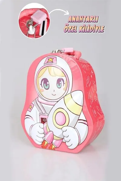 Gül Kurusu Giftzen Astronot Temalı Kilitli Taşıma Saplı Metal Kumbara 458940