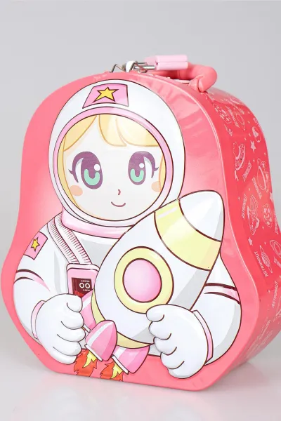 Gül Kurusu Giftzen Astronot Temalı Kilitli Taşıma Saplı Metal Kumbara 458940