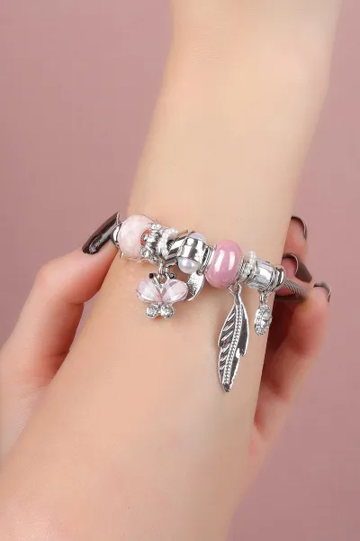 Gül Kurusu Gümüş Taş ve İnci Detaylı Çelik Pandora Bileklik 309940