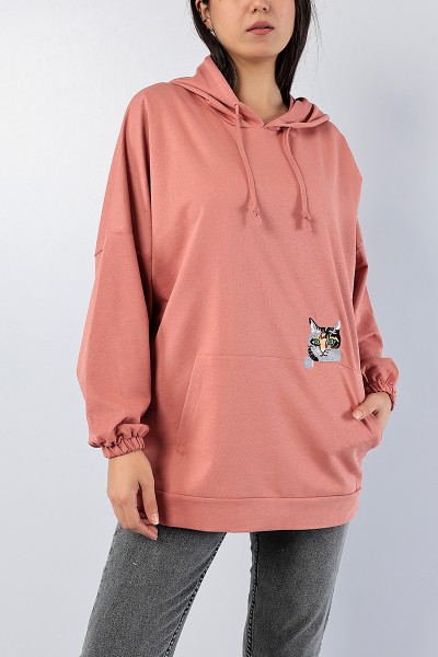Gül Kurusu Kedi Nakışlı Sweat Tunik 79922