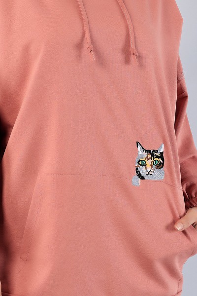 Gül Kurusu Kedi Nakışlı Sweat Tunik 79922