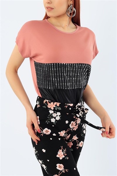 Gül Kurusu Likralı Pul İşlemeli Bluz 32214