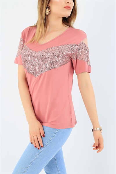 Gül Kurusu Likralı Pul Payet Bluz 35902