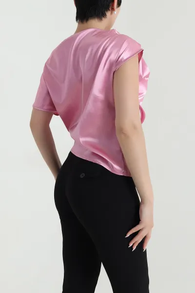 Gül Kurusu Omuz Pileli Kadın Saten Bluz 462793