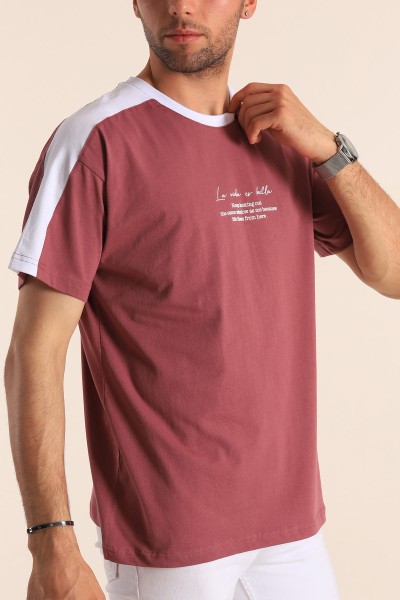 Gül Kurusu Relaxed Fit Kabartma Slogan Baskılı Erkek Tişört 186583