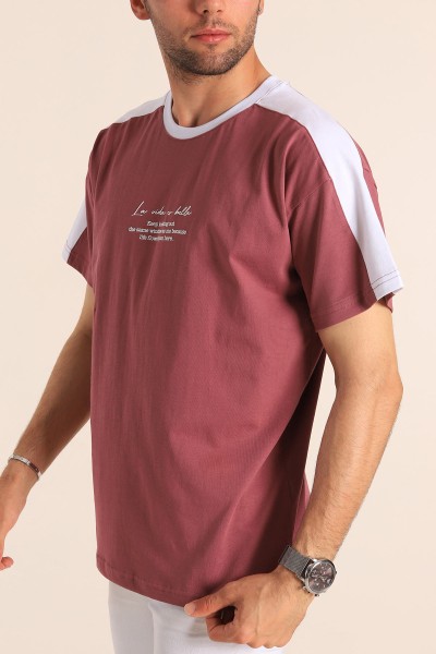 Gül Kurusu Relaxed Fit Kabartma Slogan Baskılı Erkek Tişört 186583