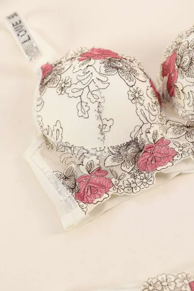 Gül Kurusu Simli Taş Askılı Destekli Sütyen Takımı 374832
