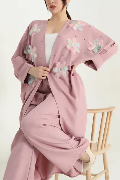 Gül Kurusu Taşlı Truvakar Kol Kimono Pantolon Aerobin Bayan İkili Takım 337952