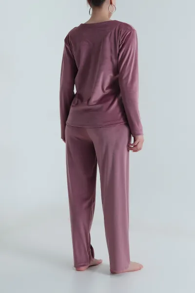 Gül Kurusu Uzun Kollu Kadife Kadın Pijama Takımı 487753