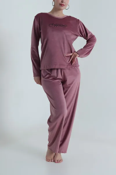 Gül Kurusu Uzun Kollu Kadife Kadın Pijama Takımı 487753