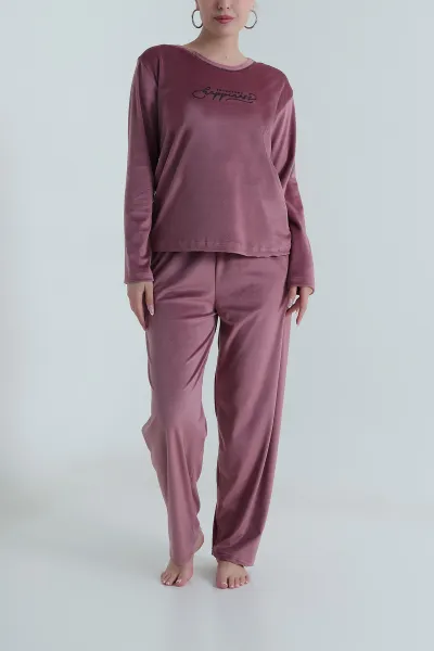 Gül Kurusu Uzun Kollu Kadife Kadın Pijama Takımı 487753