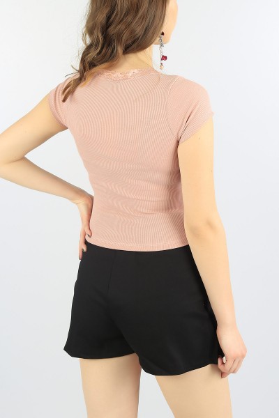 Gül Kurusu Yakası Dantelli Bayan Likralı Crop 56781