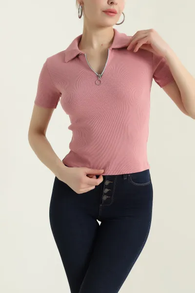 Gül Kurusu Yakası Fermuarlı Fitilli Kadın Tişört 433822