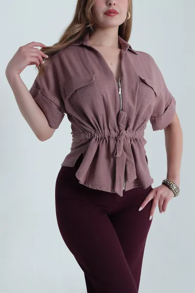 Gül Kurusu Yeni Sezon Beli Sıkmalı Keten Kadın Üst 479470