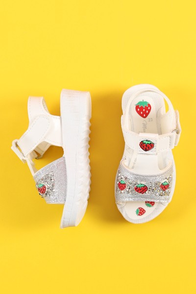Gümüş (23-25 Bebe) Çilek Baskılı Taş Detaylı Kız Bebe Sandalet 198761
