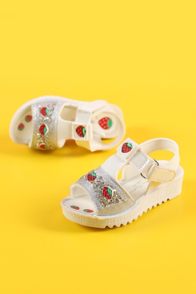 Gümüş (23-25 Bebe) Çilek Baskılı Taş Detaylı Kız Bebe Sandalet 198761