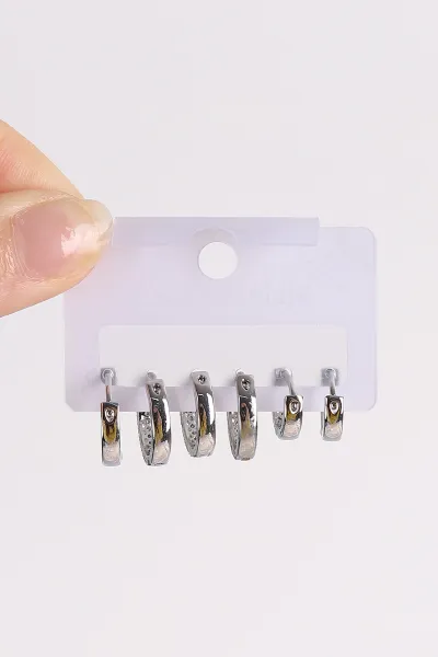 Gümüş 6'lı   Zirkon Taşlı Çelik Küpe Seti 488188