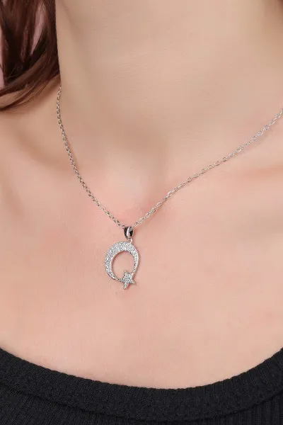 Gümüş Ayyıldız Model Zirkon Taşlı Çelik Kolye 309464
