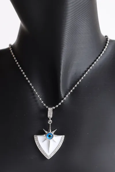 Gümüş Beyaz Mineli Nazar Boncuk Detaylı    Çelik Kolye 370796