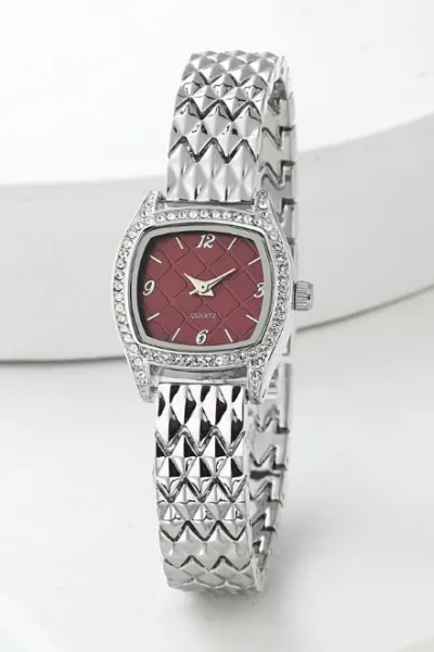 Gümüş  Bordo Baklava Dilim Kordonlu Kadın Saat 431448