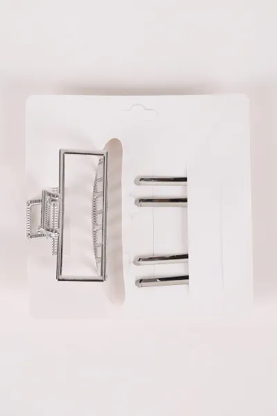 Gümüş Dikdörtgen Model Küçük Boy 3'lü Pens ve Metal Mandal Toka 463478