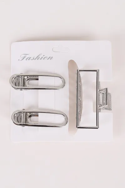 Gümüş Dikdörtgen Model Küçük Boy 3'lü Pens ve Metal Mandal Toka 463478