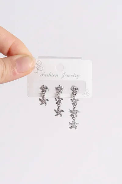 Gümüş Dönen Yapraklı Model  Taşlı Sallantılı 3'lü Küpe 494654