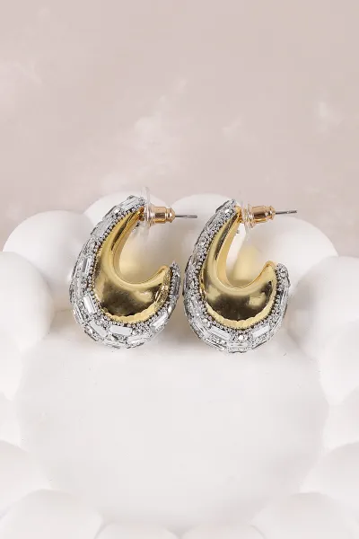 Gümüş Gri Top Model Arası Gold Taşlı Şık Bombeli Küpe 450766
