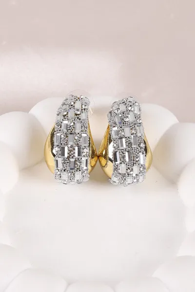 Gümüş Gri Top Model Arası Gold Taşlı Şık Bombeli Küpe 450766