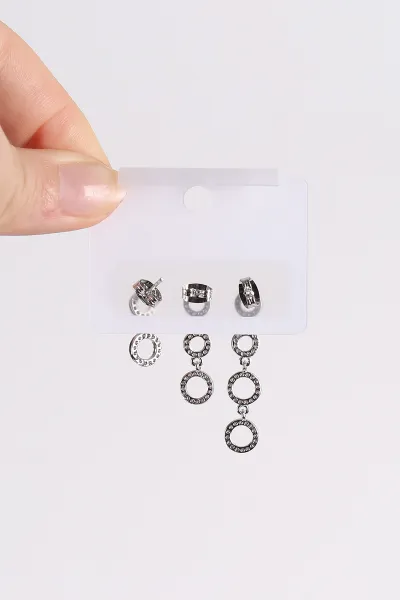 Gümüş Halka  Model  Taşlı Sallantılı 3'lü Küpe 494656